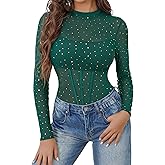 Avidlove Women Mesh Bodysuit Lingerie Mock Neck Long Sleeve Sheer Rhinestone Going Out Top