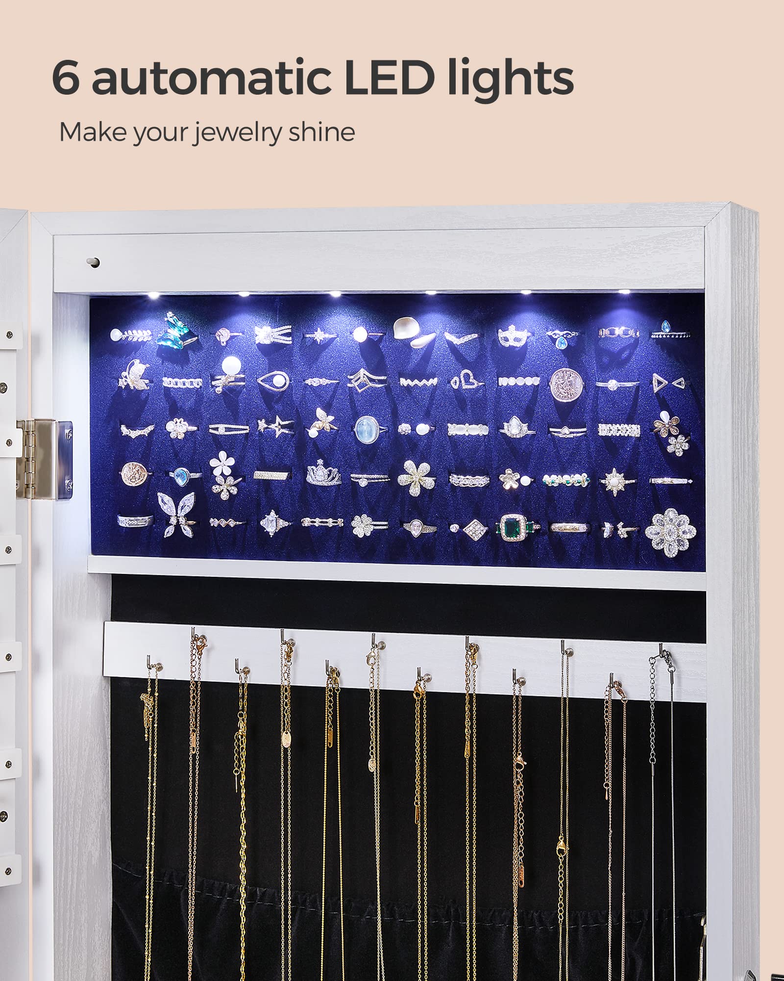SONGMICS SONGMICS Hanging Jewelry Cabinet, Wall-Mounted Cabinet with LED Interior Lights, Door-Mounted Jewelry Organizer, Full-Length Mirror, Gift Idea, White UJJC99WT