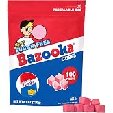 Bazooka Bubble Gum Sugar-Free Chewing Gum Cubes | Bulk in Resealable Bag, 100 Ct in Original Pink Flavor w/Bazooka Joe Comics, Baseball Party Favors, Nostalgic 90s Candy