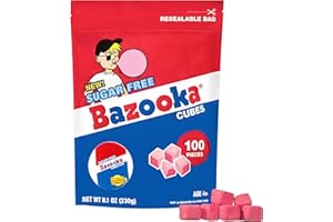 Bazooka Bubble Gum Sugar-Free Chewing Gum Cubes, Bulk in Resealable Bag, 100 Ct in Original Pink Flavor w/ Bazooka Joe Comics, Baseball Party Favors, Nostalgic 90s Candy