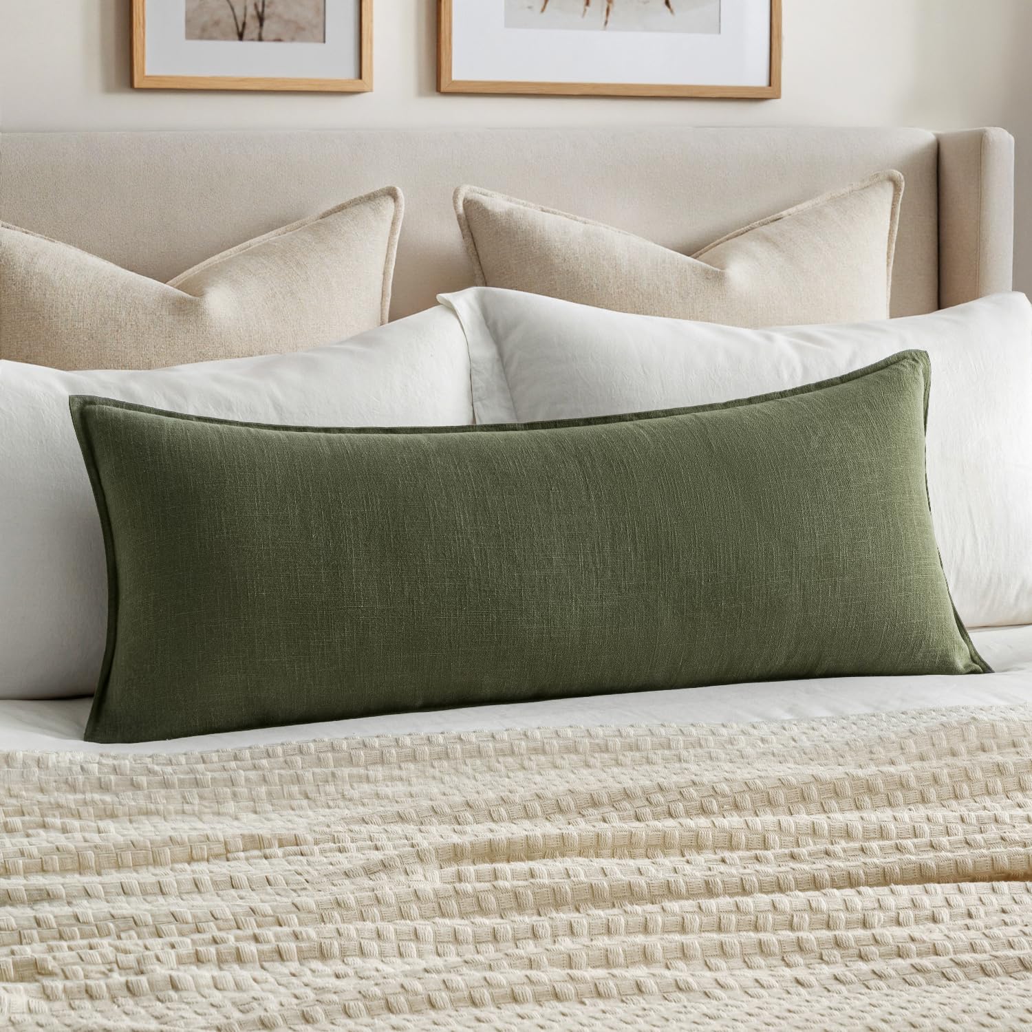 View 1 of ***COVER ONLY***MIULEE Decorative Long Body Lumbar Throw Pillow Cover 14x36 Inch Dark Olive Green Boho Farmhouse Neutral Couch Throw Pillow for Bed Pack of 1 Outdoor Modern Sofa Cushion Livingroom Home ***COVER ONLY***