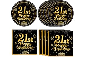 KHAIVI 40 Pcs 21st Birthday Decorations for Him Men,Happy 21 Bday Decor Black and Gold 21 Years Tableware Table Decor 21st Birthday Plates Napkins for Her Women Party Supplies