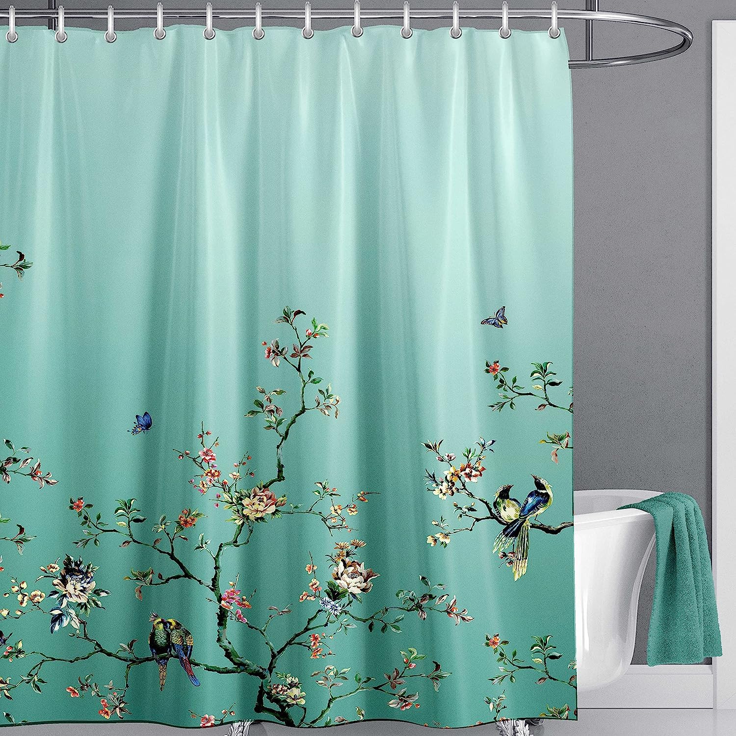 LIVETTY Ombre Green Bird Extra Long Shower Curtain 180cm × 210cm Drop Floral Butterfly Fabric Bathroom Mould Proof Spring Washable Shower Curtain With 12 Hooks — image 1