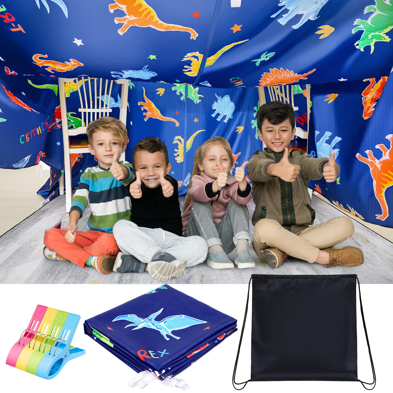 Photo 1 of SmoothNovelty Dinosaur Blanket Fort Building Kit for Kids 118 x 118 Inch Build a Fort Blanket 8 Pcs Clips with a Storage Bag Portable Tent Fort for Indoor Outdoor Girl Boy