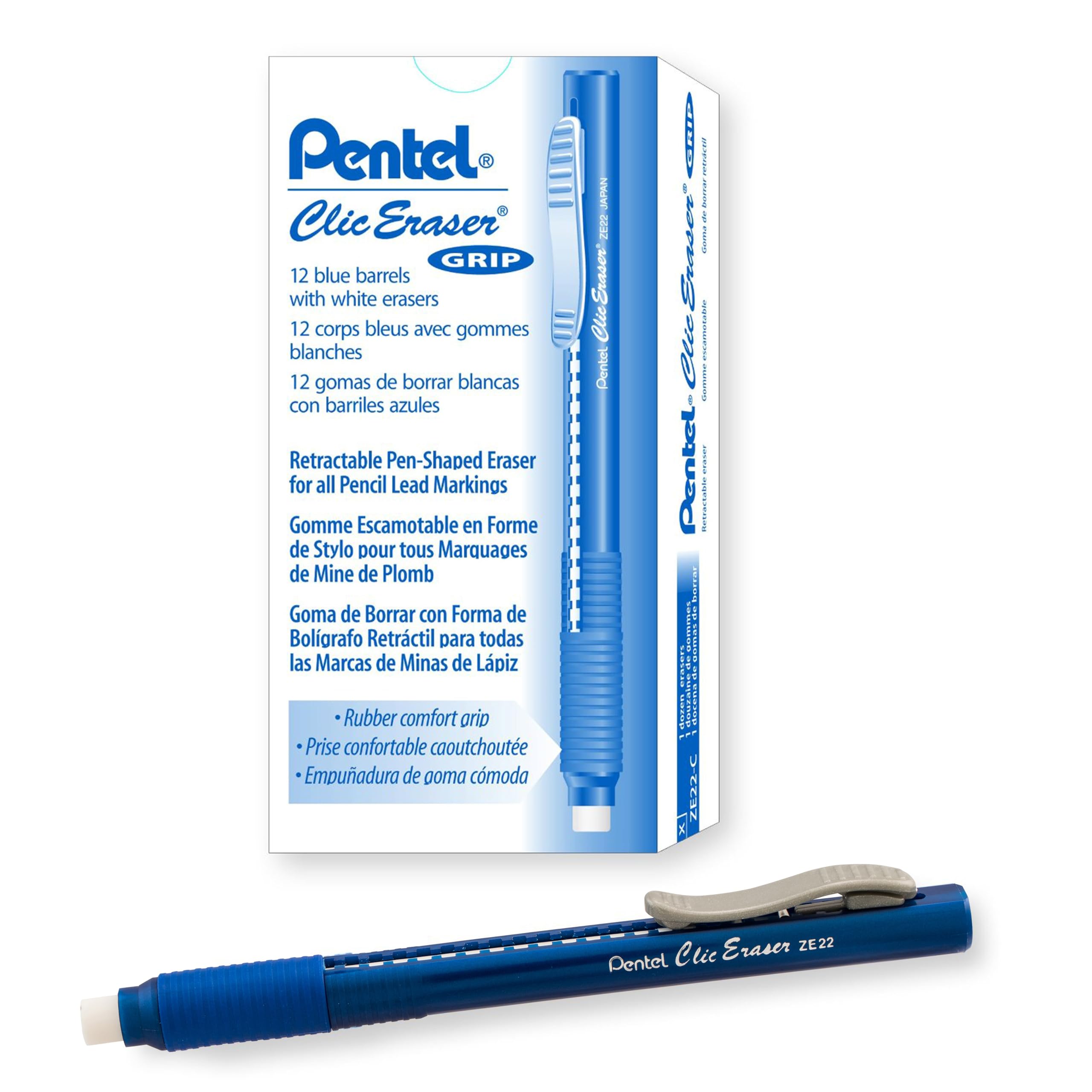 Pentel Clic Eraser with Rubber Grip - Blue Barrel (Pack of 12)