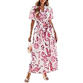 KIRUNDO Women Spring Summer Wedding Guest Boho Floral Maxi Dress Puff Sleeve Button Shirt V Neck Flowy Beach Vacation Dress