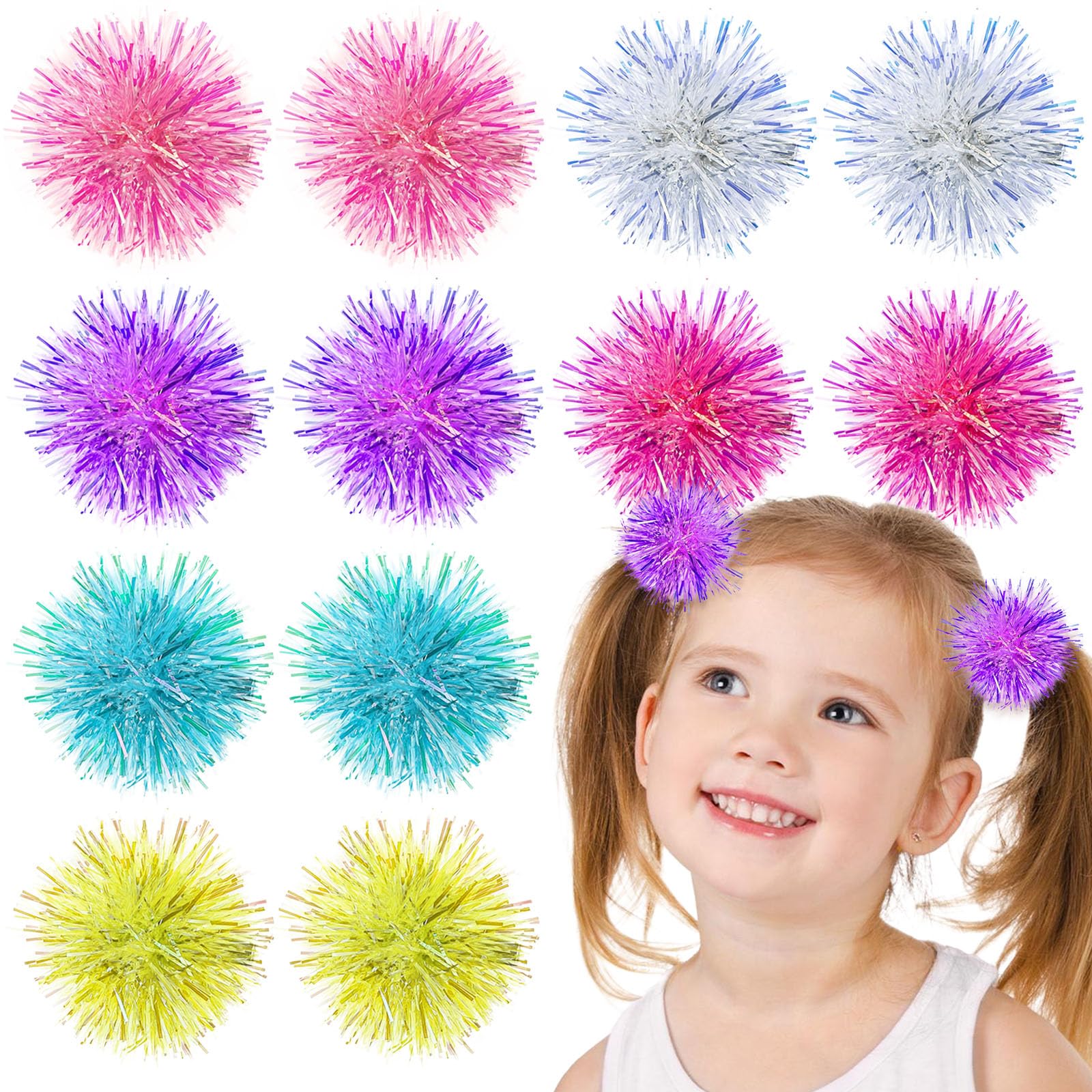 Photo 1 of 12 Pcs Foil Strips Pom Pom Hair Clips Tinsel Fluffy Ball Elastic Ponytail Holders Shiny Cute Scrunchies Pompom Cosplay Fashion Hair Accessories for Women Girls Birthday Halloween Christmas Party