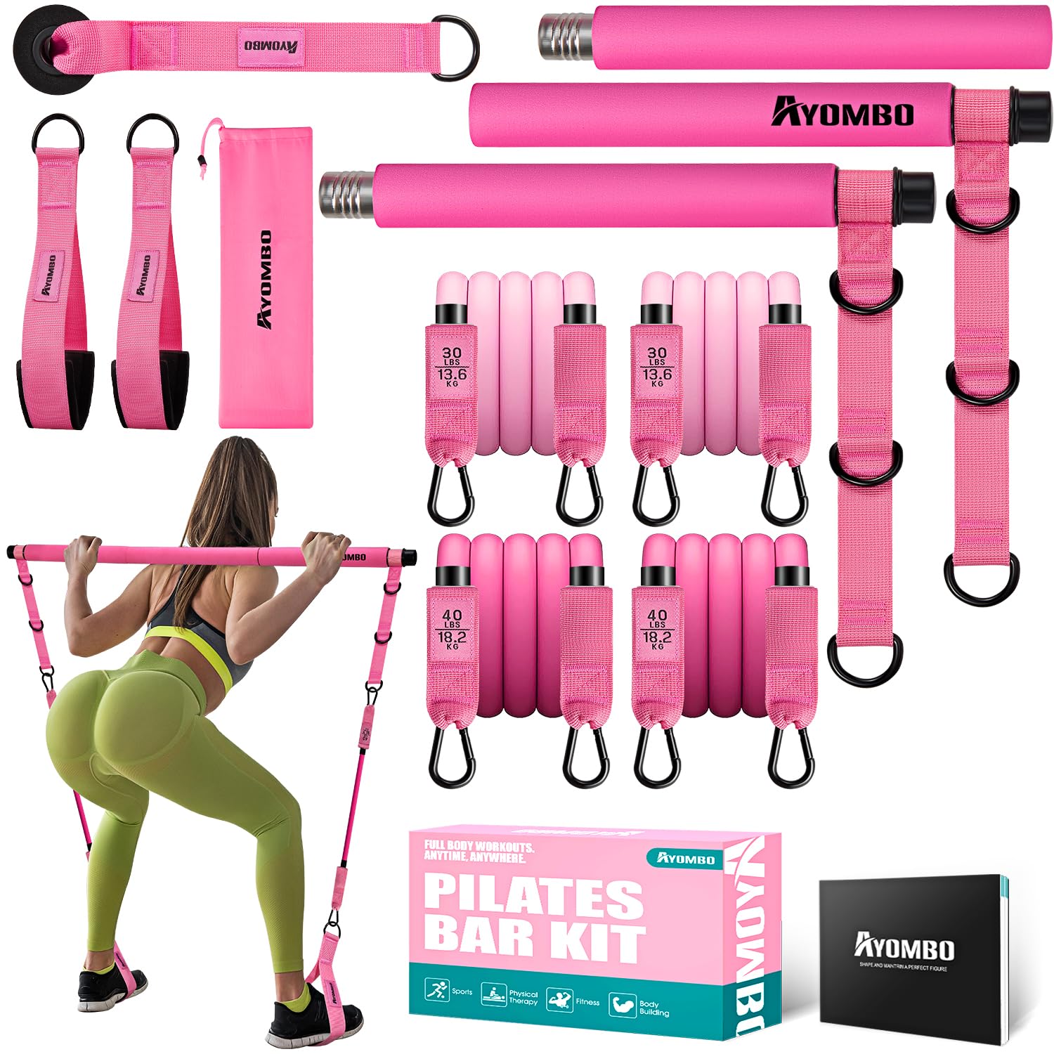 Pilates Equipment, Pilates Bar Kit with Resistance Bands for Women, Home Workout Equipment for Legs, Hip, Waist, Arm, Squats Exercise Equipment for Home, Adjustable 3-Section Pilates Bar Kit