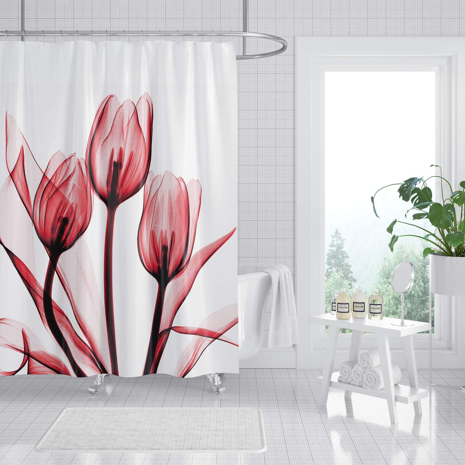 M&W DasDesign Shower Curtain Rose Tulips Flowers Plants Bathroom Textile Curtain Anti-Mould Effect Leaves Washable Shower Curtain Bath Includes 12 C-Rings Weight Bottom 180 x 200 cm (W x H)