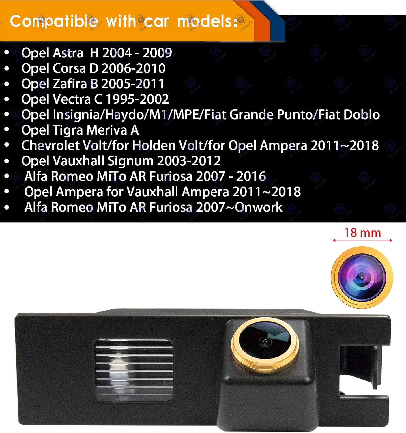 HD 1280x720p Backup Camera for OPEL Astra H/Corsa D/Meriva A/Vectra C/Zafira B,FIAT Grande,Rearview Parking Camera Night Vision IP69K Waterproof License Plate Mounted Optimum Wide View Reverse Camera - Image 3