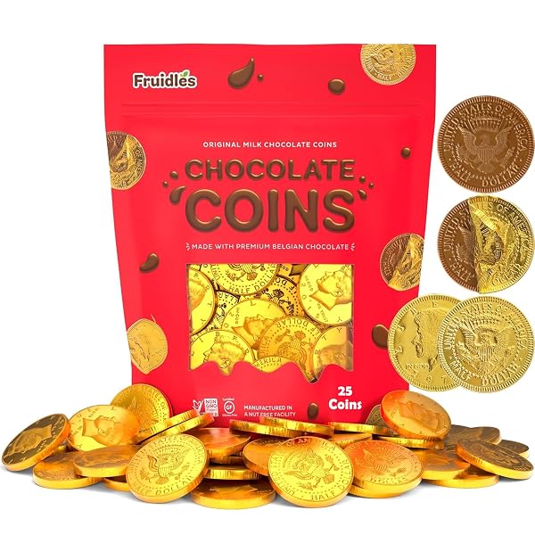 25 EDIBLE CHOCOLATE COINS, GOLD HALF DOLLAR MILK CHOCOLATE, MADE WITH PREMIUM BELGIAN INGREDIENTS, NUT FREE, NON-GMO, CERTIFIED KOSHER DAIRY 25-PACK CHRISTMAS STOCKING STUFFERS