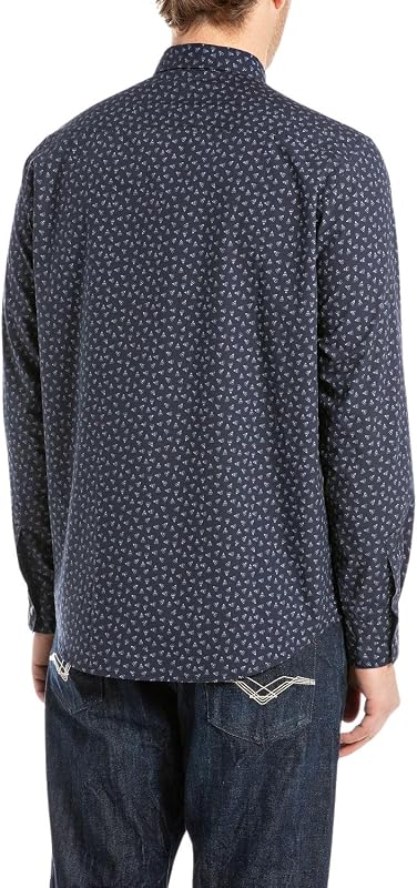 Camisa de algodão de corte regular masculina, 010 azul/azul claro, XL