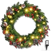 Brightown 24 Inch Pre-Lit Artificial Christmas Wreaths for Front Door,Christmas Decorations Indoor with Pine Cones & Berry Clusters, Christmas Wreath with 50 Lights for Fireplace Wall Window, Plug-in