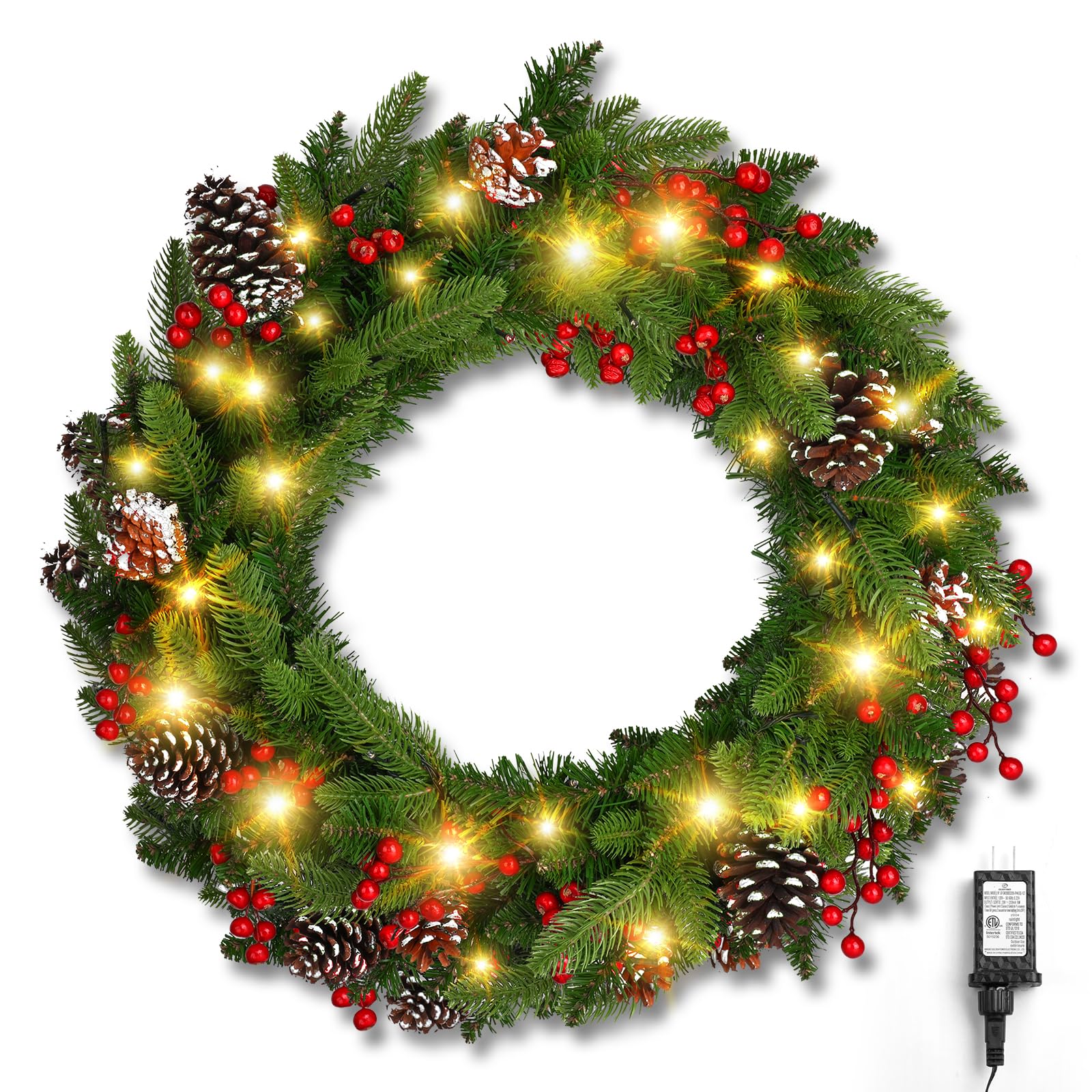 Photo 1 of *UNTESTED*
Brightown 24 Inch Pre-Lit Artificial Christmas Wreaths for Front Door,Christmas Decorations Indoor with Pine Cones & Berry Clusters, Christmas Wreath with 50 Lights for Fireplace Wall Window, Plug-in