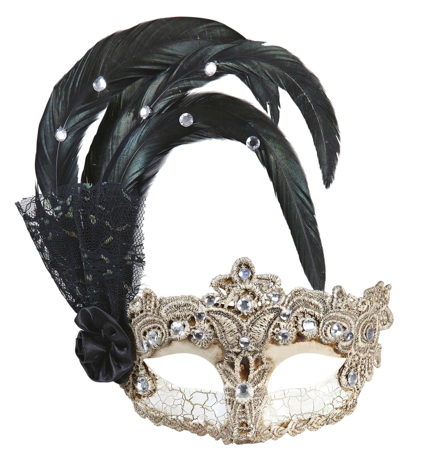 Widmann ? Gala Ball Mask, Macramé Mask with Feathers and Rhinestones.