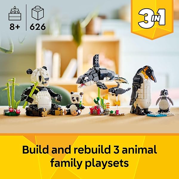 LEGO CREATOR 3 IN 1 WILD ANIMALS PANDA FAMILY – BUILDING TOY KIT FOR KIDS WITH 3 BUILDING OPTIONS, PANDA, PENGUIN, OR ORCA – 8 YEAR OLD GIRL & BOY BIRTHDAY GIFTS – 31165