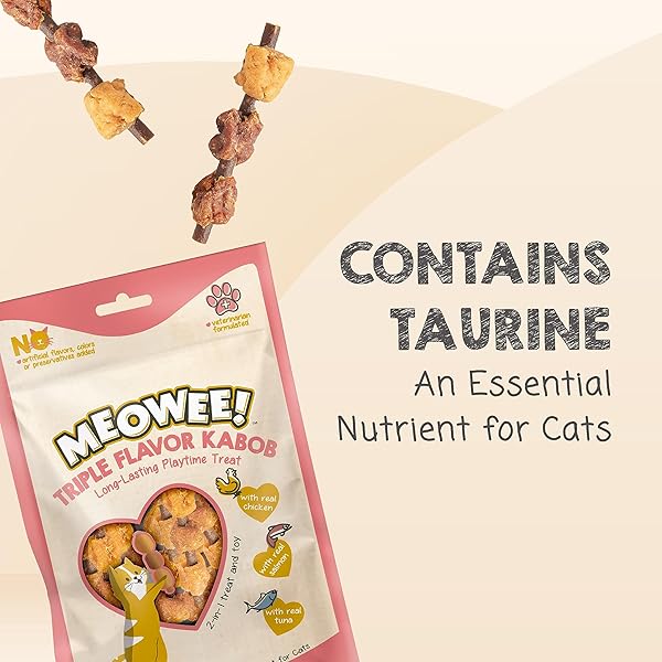MEOWEE! TRIPLE FLAVOR KABOBS CAT TREAT, 2.4 OUNCE BAG, LONG-LASTING PLAYTIME TREAT FOR CATS MADE WITH REAL CHICKEN, SALMON & TUNA