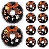 ROCEEI 10 Pcs Mini Halloween Wreaths for Dollhouses | Plush Rings, Resin Pumpkin, Ghost, Bat, Cat And Skull Accents, 1:12 Scale Dollhouse And Craft Decor