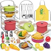 Golray Play Kitchen Accessories, Pretend Cooking Playset for Kids with Pots and Pans Set, Cooking Utensils Toys, Organizer, Play Food Set, Apron & Condiments, Birthday Gifts for Toddlers Boys Girls
