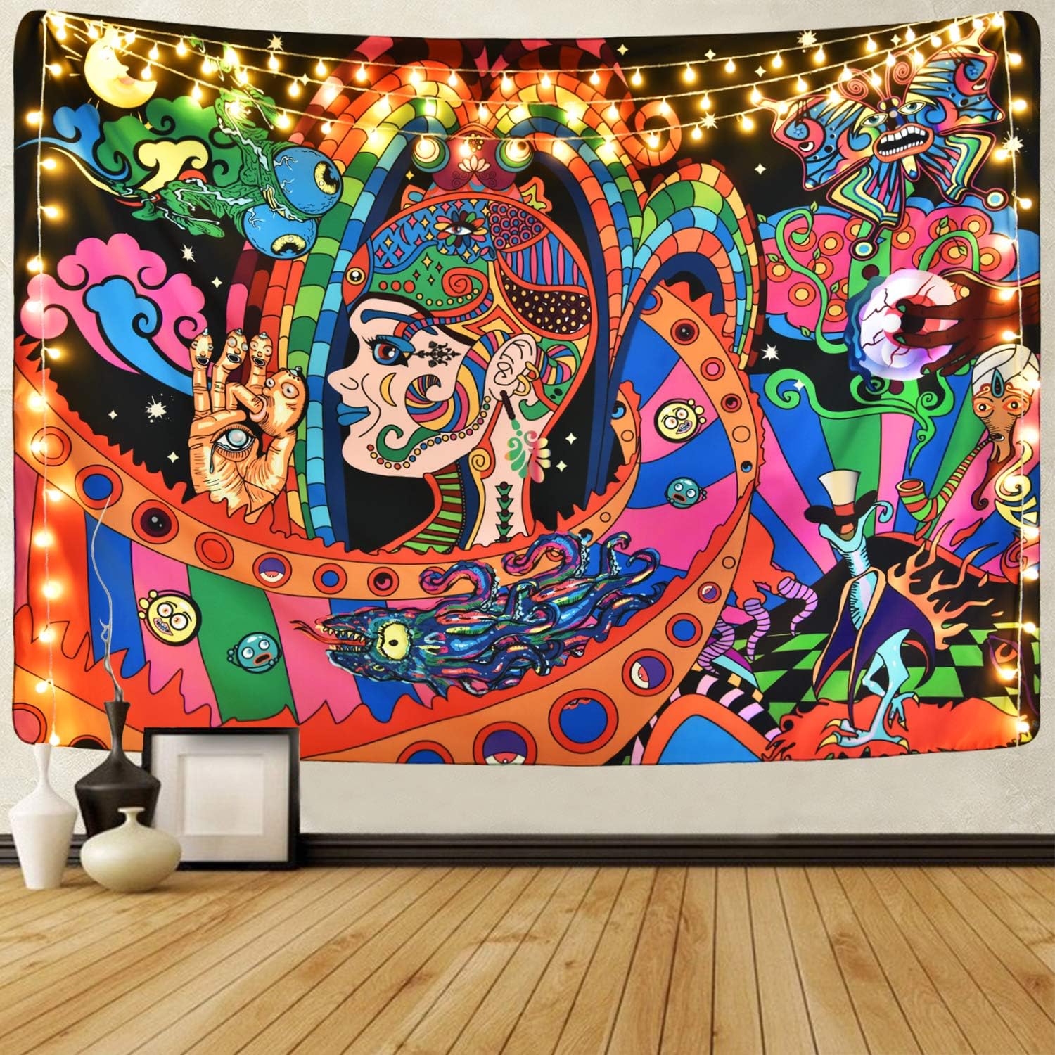 Pknoclan Psychedelic Arabesque Tapestry Trippy Tapestries Bohemian Eyes Tapestry Woman Tapestries Moon and Star Tapestry for Room