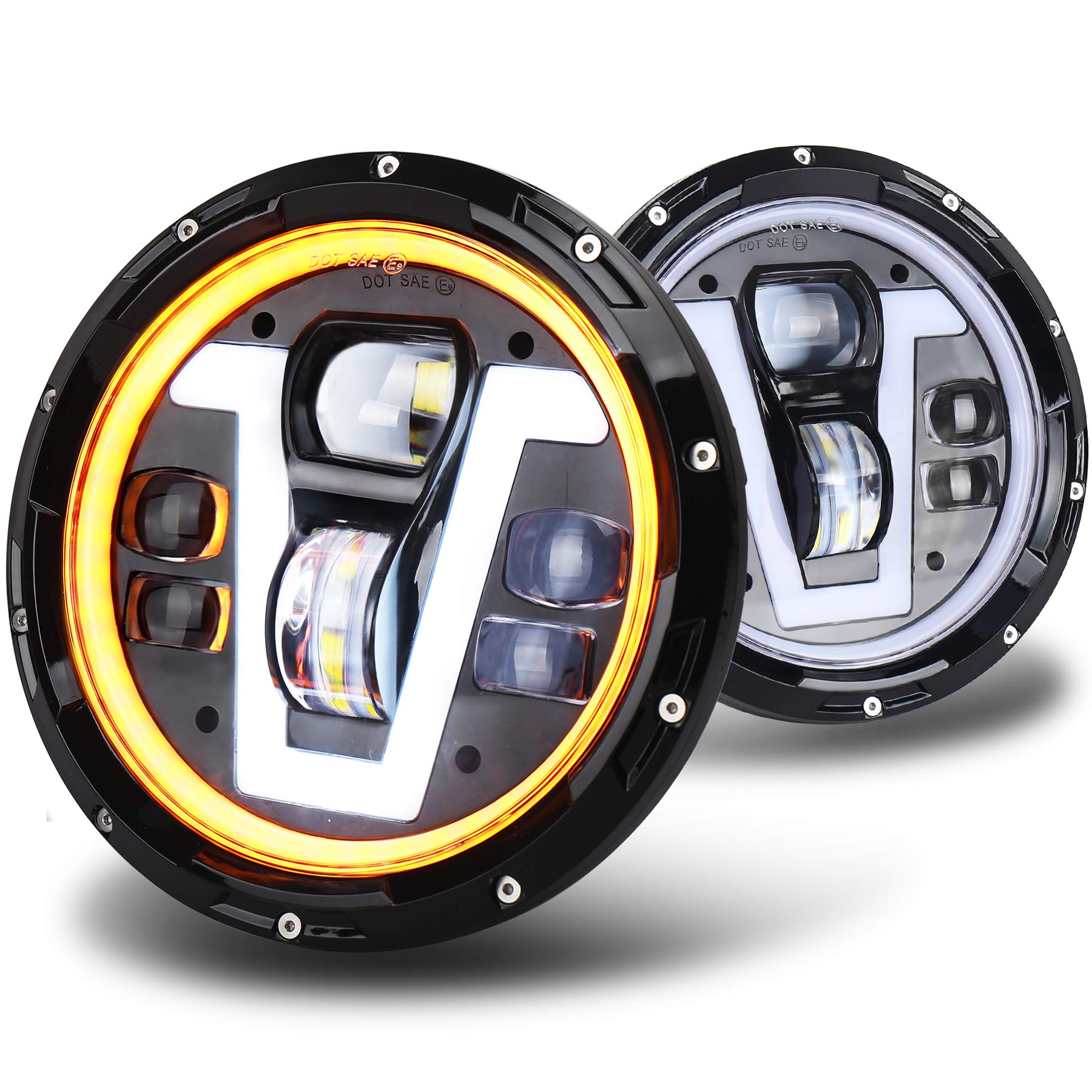 MOVOTOR MOT Approved 7inch Led Headlight with Amber Turn Signal V Type White DRL Hi Lo Beam Compatible with Defender 90 110 Jeep Wrangler JK TJ CJ Hummer H1 H2 Miata mx5 mk1