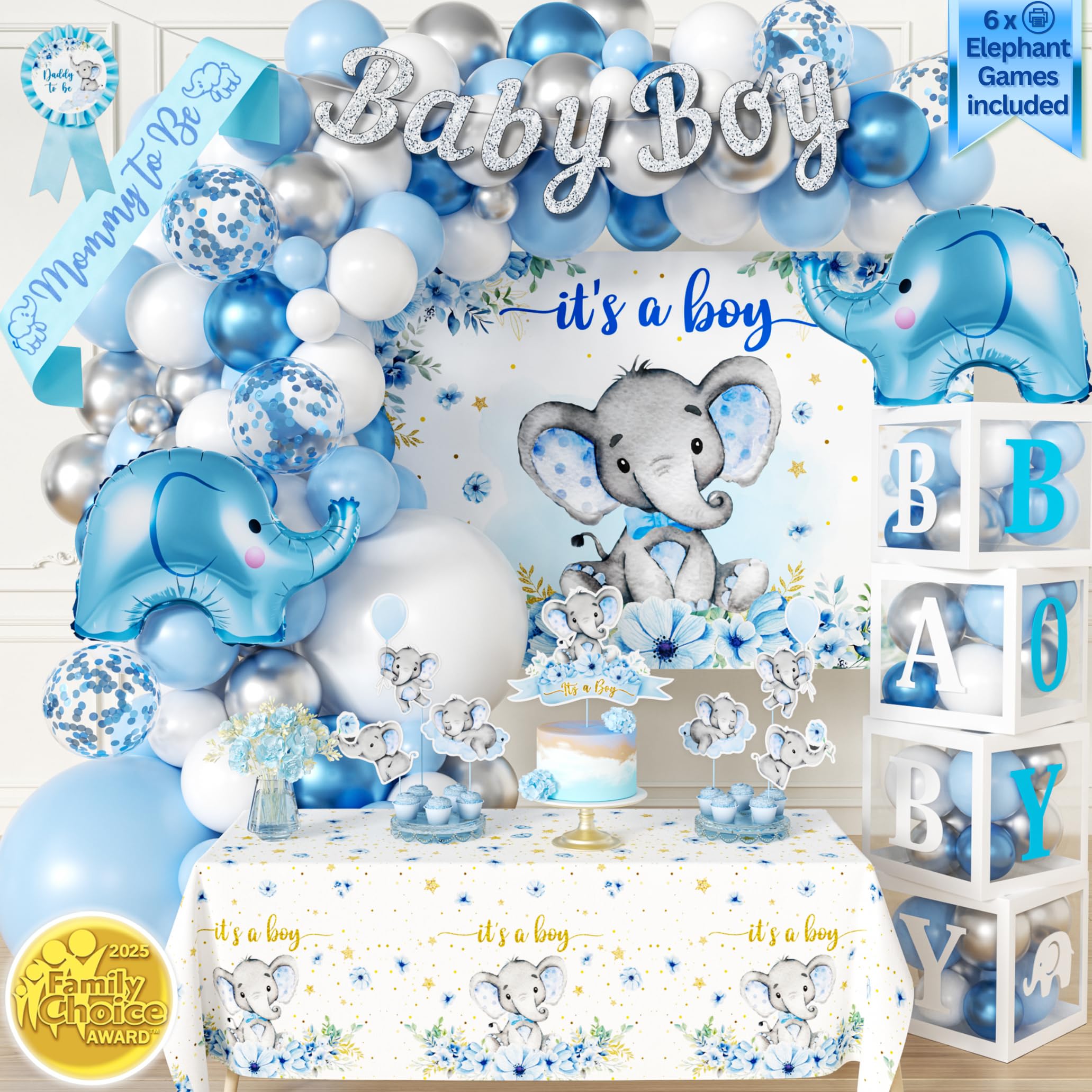 Photo 1 of 187 pc Premium Elephant Baby Shower Decorations - Balloon Garland Arch, Balloons Boxes, Baby Boy Banner, It's a Boy Backdrop, Mommy to Be Sash, Tablecloth, Elephant Cutouts