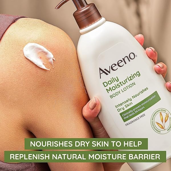 AVEENO DAILY MOISTURIZING BODY LOTION, BODY LOTION FOR DRY SKIN WITH PREBIOTIC OAT, PARABEN FREE, FRAGRANCE FREE, NON-GREASY, NON-COMEDOGENIC MOISTURIZER, 18 FL OZ