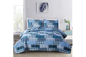 FERDILAN Plaid Quilt Set Queen/Full Size, 3-Piece Blue Patchwork Bedspread Coverlet Set Reversible Country Plaid Blue Quilt Lightweight Bedding Set with 2 Pillow Shams