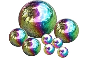 Kunjocy Pack of 8 Stainless Steel Gazing Balls Assorted 50-150mm Small Garden Gazing Globes Hollow Mirror Polished Seamless Reflective Sphere Balls for Home Yard Lawn Outdoor Decorations (Rainbow)