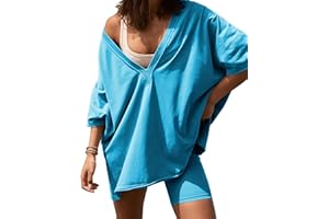 TAQCUX 2 Two Piece Outfits for Women Summer Oversized Workout V Neck T Shirts Biker Shorts Matching Sets