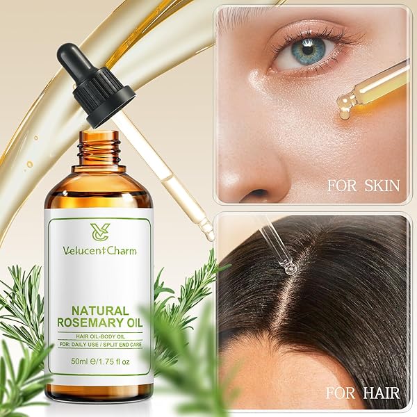 VELUCENTCHARM ROSEMARY ORGANIC HAIR GROWTH OIL FOR ALL HAIR TYPES WITH JOJOBA AND SWEET ALMOND OIL, ROSEMARY ESSENTIAL OIL FOR HAIR AND SKIN CARE, 1.75 FL OZ