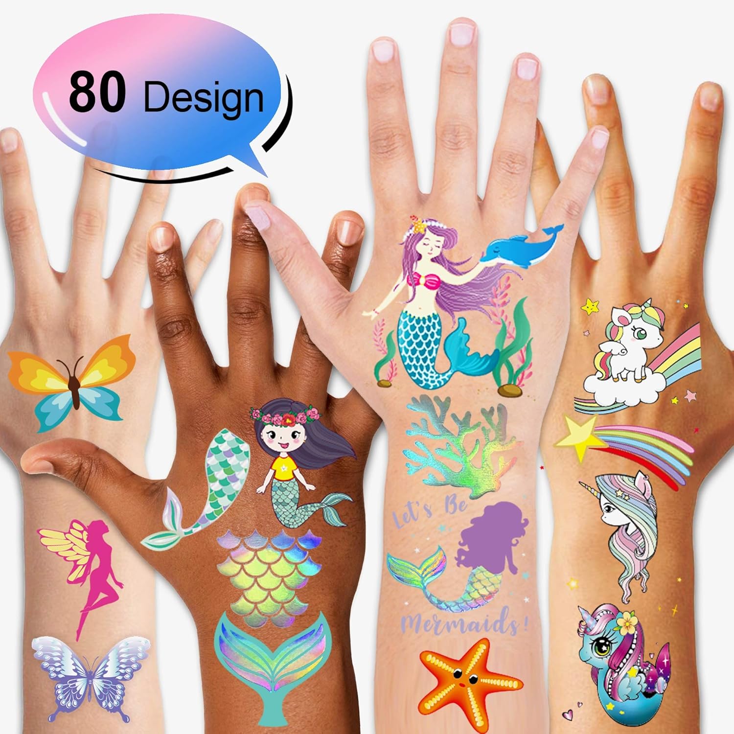 Temporary Tattoos for Kids(80pcs),Konsait Glitter Mermaid Unicorn Butterfly Tattoos for Children Girls Birthday Party Favors Supplies Great Kids Party Accessories Goodie Bag Stuffers Party Fillers