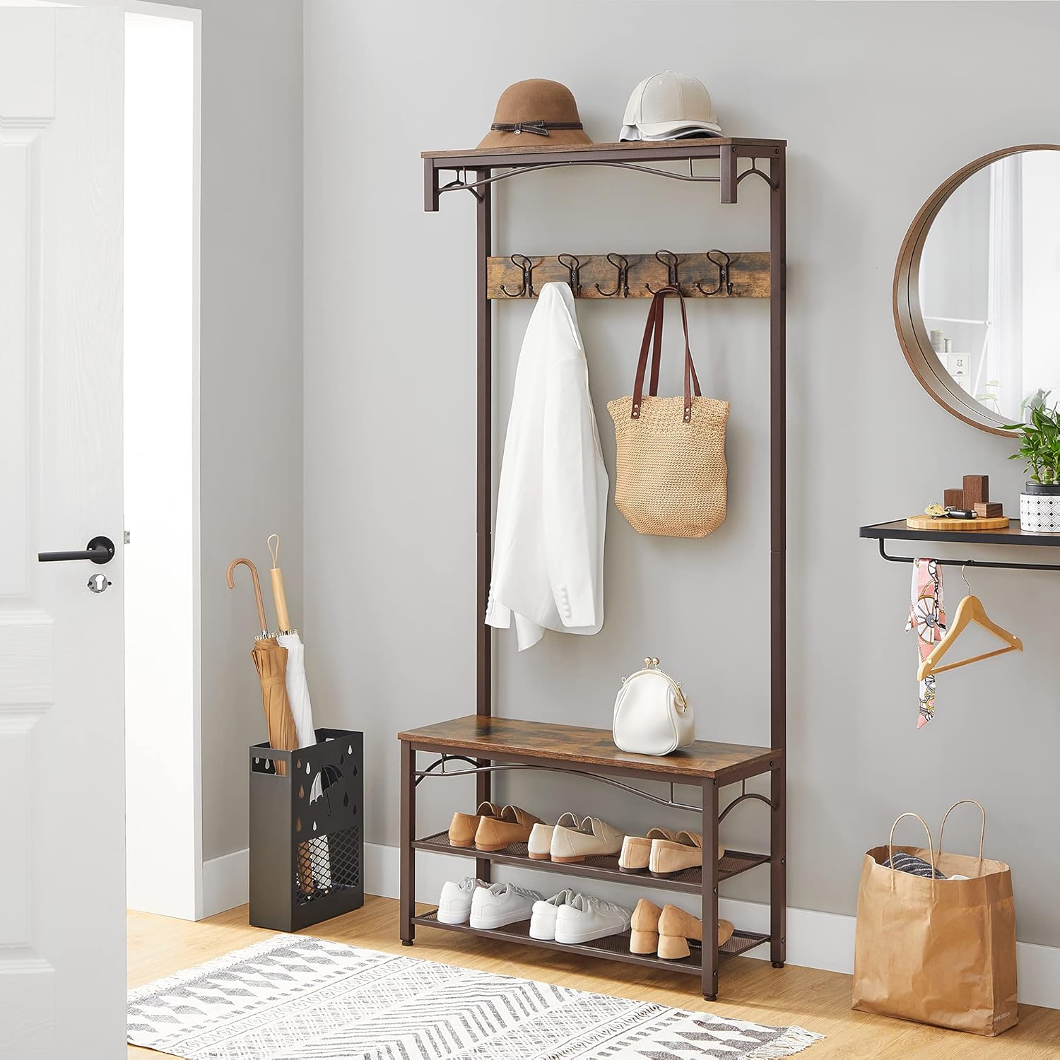 VASAGLE Industrial Coat Rack, 3-in-1 Hall Tree, Entryway Shoe Bench Coat Stand, Storage Shelves Accent Furniture Metal Frame Large Size: Furniture & Decor