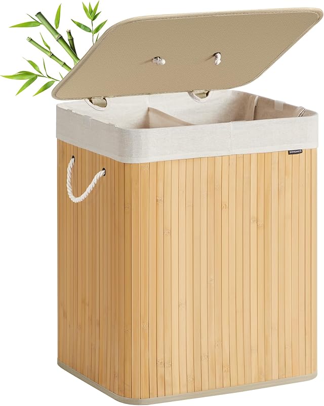 Cesto de la Ropa Sucia con Tapa, 2 compartimentos, 120 L, Cesta de Lavandería de Bambú, Plegable, con Bolsa Lavable Extraíble, Asas, para Lavandería, Dormitorio, Natural LCB014Y01