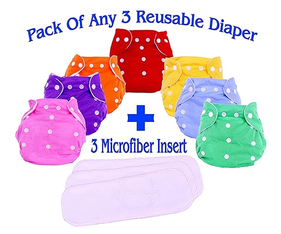 THE LITTLE LOOKERS Premium Quality Adjustable & Reusable Baby Washable Cloth Diaper Nappies with Wet-Free Inserts for Babies/Infants/Toddlers |Age 0 to 2 Years|Pack of 3 (Random Colors)