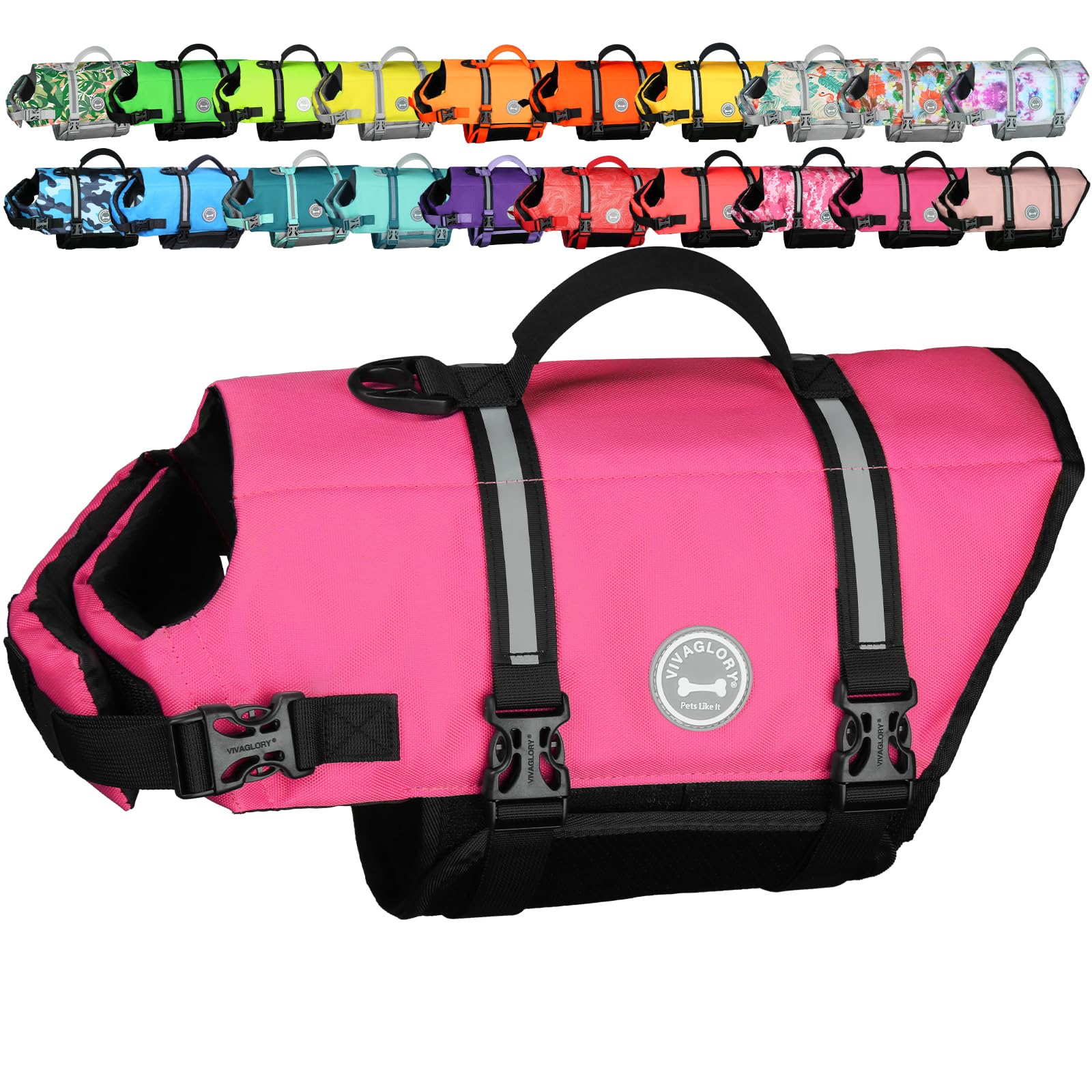 VIVAGLORY Rip Stop Dog Life Jacket, Buoyancy Aid with Handle, Buoyancy for Doggy, Dog Life Jacket for Swimming & Boating, M, Pink