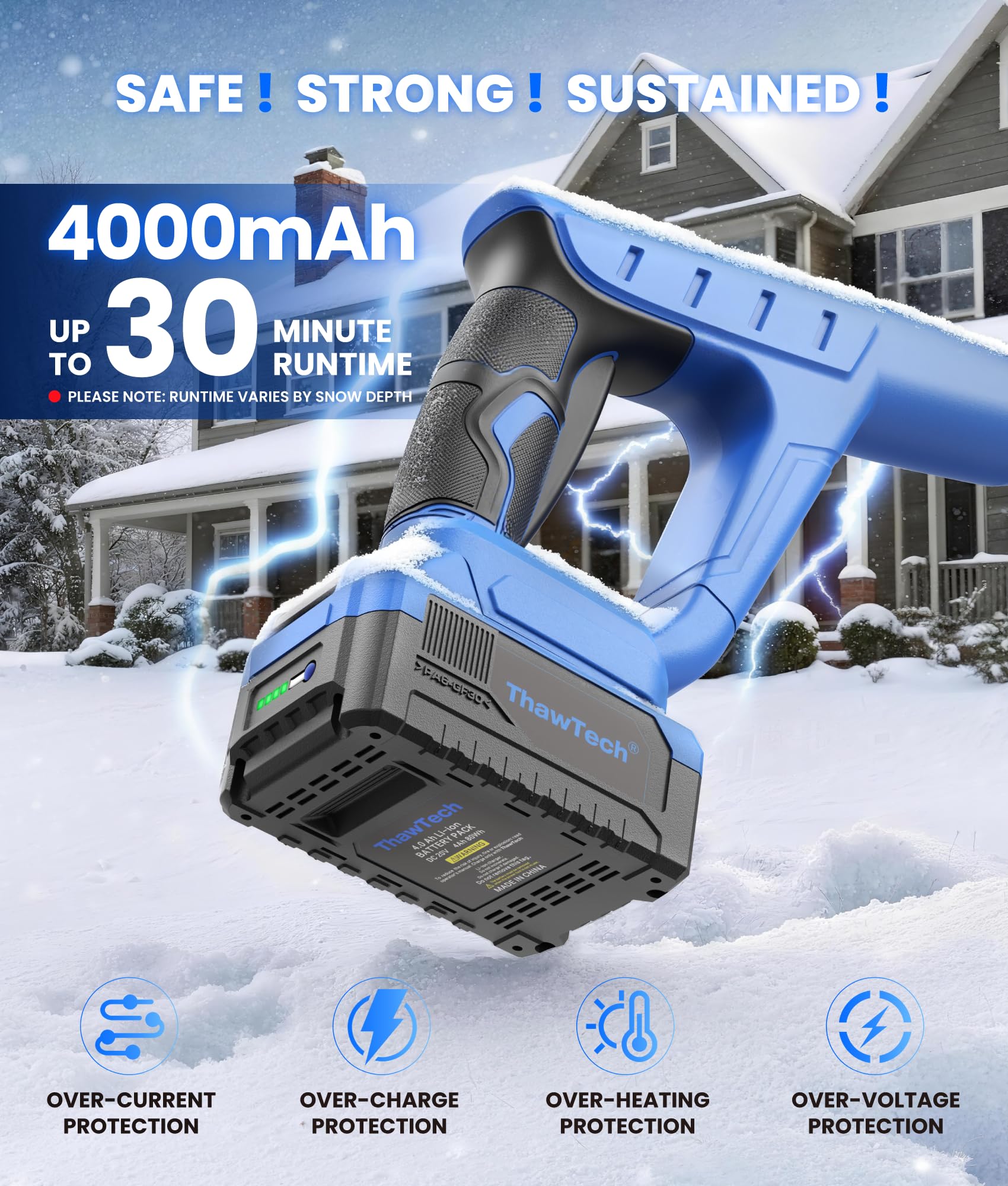 ThawTech Cordless Electric Snow Shovel, 21V, 12-Inch, Adjustable Directional Plate, with 4 Ah Battery and Charger, Electric Snow Blower for Driveway, Steps and Walkways