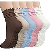 Darller 5 Pairs Pilates Socks with Grips for Women, Non Slip Cotton Ruffle Yoga Socks for Barre Workout Hospital