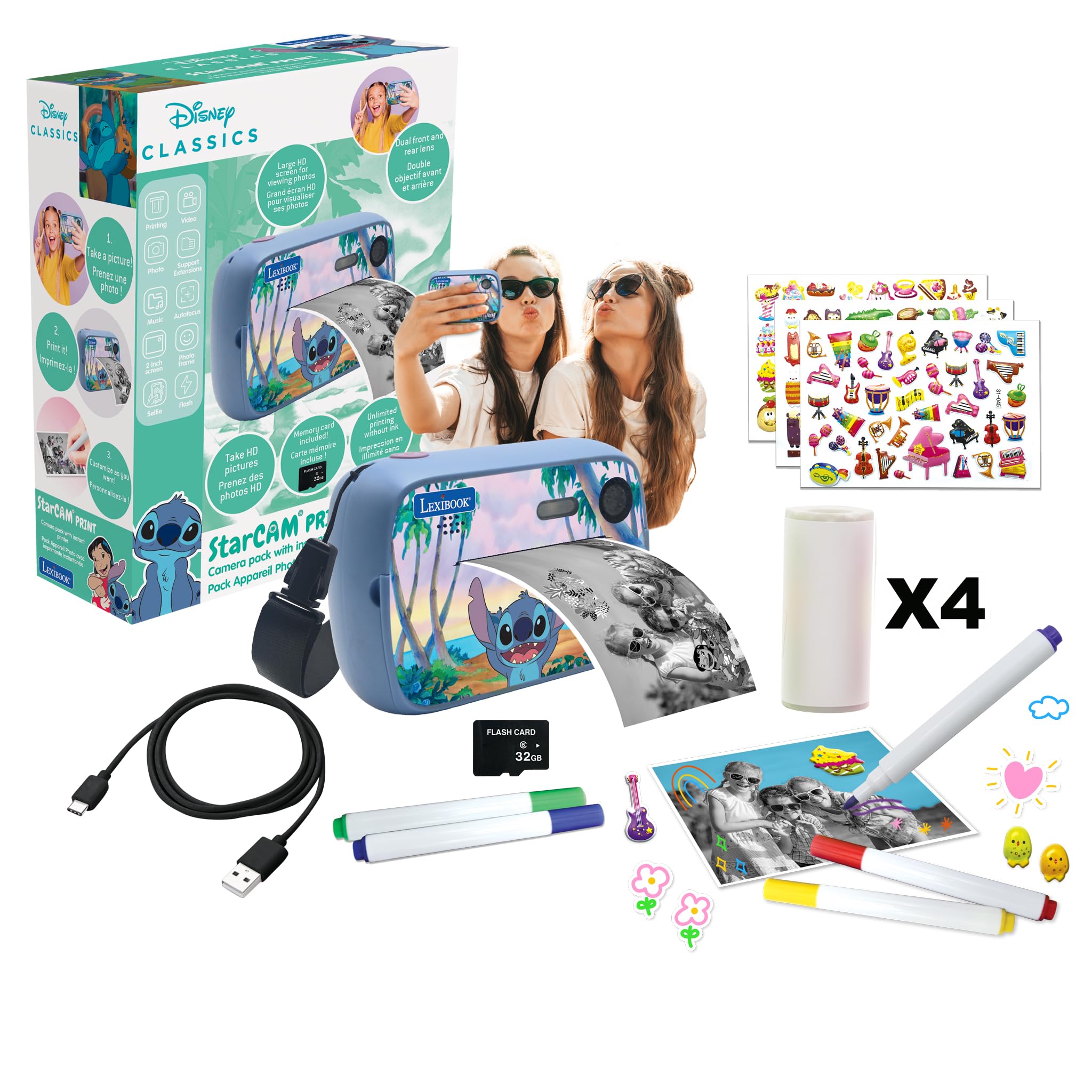 Lexibook, Disney Stitch, StarCAM Print, Camera pack with instant printer, Photo and video function, 32GB SD card and photo personalization kit included, blue, DJ150D