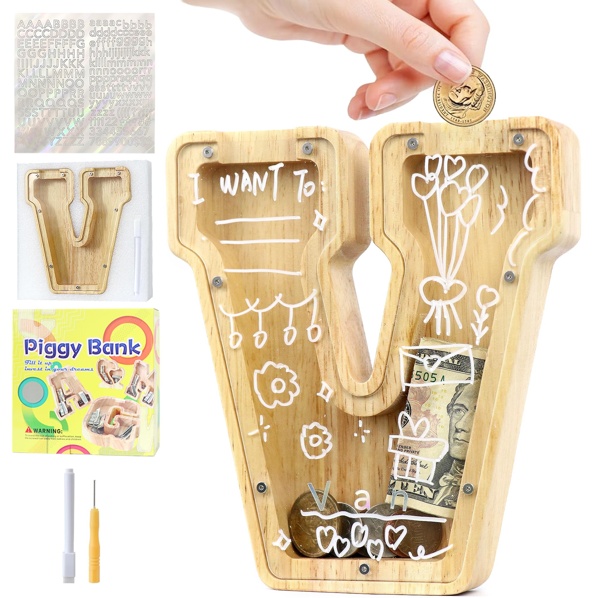 Mikytoper Money Box for Kids, Wooden Letter Piggy Banks for Kids, Personalized Money Box Clear Money Bank, Boys Girls Toddler Birthday Festival Gift (V)