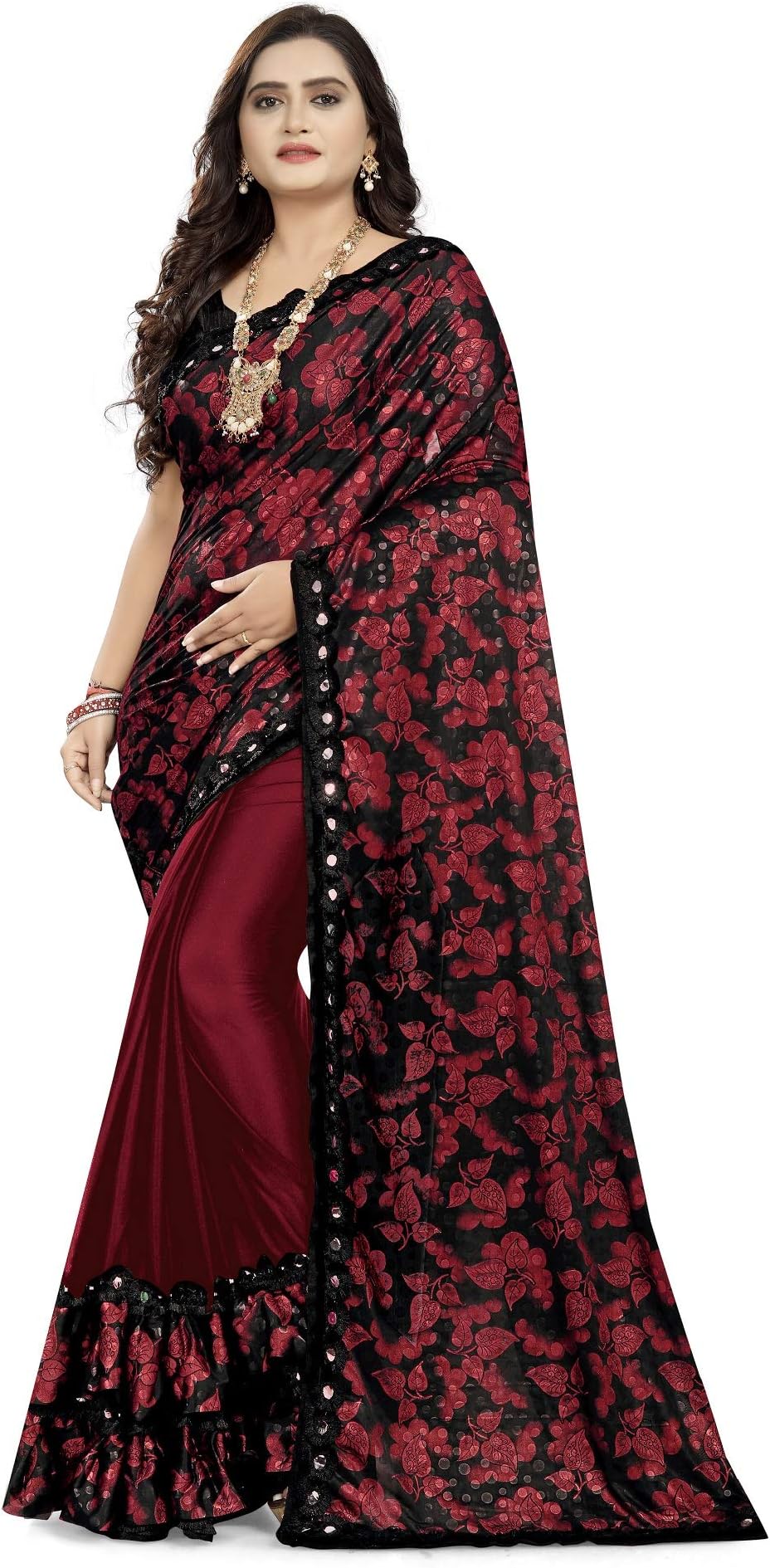 Anghan Brothers Women's Ethnic Wear Ruffle Saree with Blouse Piece