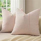 YCOLL Christmas Pillow Covers 16x16, Modern Accent Square Throw Pillow Covers Set of 2, Red and Beige Striped Patchwork Linen Decorative Pillows Cushion Covers for Christmas Decorations