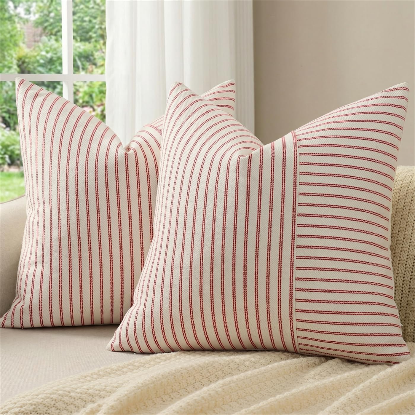 Christmas Pillow Covers 26x26, Modern Accent Square Throw Pillow Covers Set of 2, Red and Beige Striped Patchwork Linen Decorative Pillows Cushion Covers for Couch Chair Bedroom Christmas Decorations Image