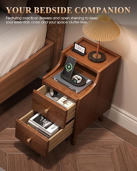 NARROW NIGHTSTAND WITH DRAWERS, 11.8″ SLIM SOLID WOOD BEDSIDE TABLE WITH OPEN SHELF & CABLE HOLE, MODERN STORAGE CABINET FOR SMALL SPACES, SIDE TABLE FOR BEDROOM & STUDY, WALNUT