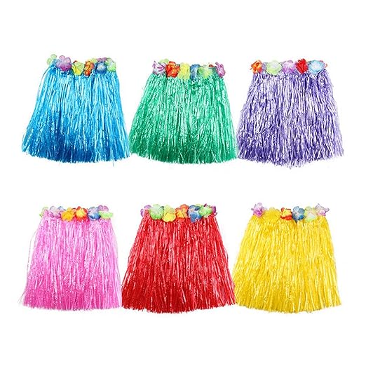 Hula Röcke (6er-Set) - 42cm (16.5') Lange Multicolor Lei Hawaiian Grass Rock mit elastischem Bund, Klettband und Blumen für H