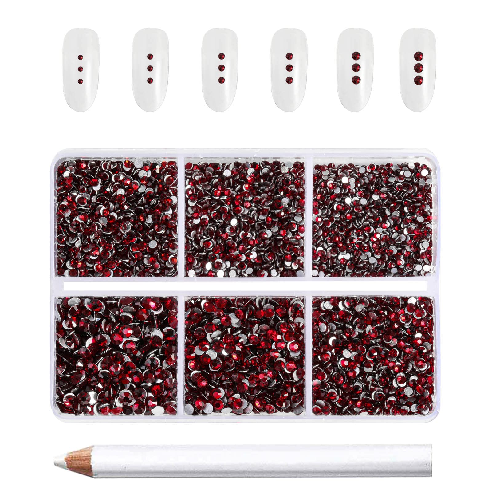 Beadsland 7200 Pcs Flatback Rhinestones for Nails,Dark Red Round Small Crystal Glass Rhinestones Gems for Crafts,Mixed 6 Sizes with Wax Pencil Kit,SS3-SS10,Dark Siam