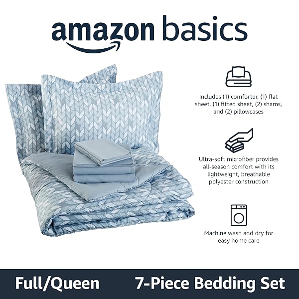 AMAZON BASICS FULL/QUEEN COMFORTER SET WITH HERRINGBONE SHEETS, 7-PIECE GRAY LEAF BEDDING, LIGHTWEIGHT MICROFIBER BED-IN-A-BAG