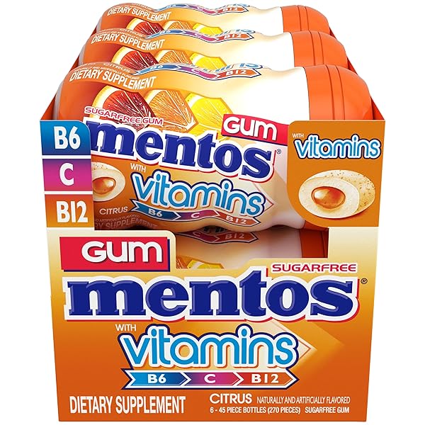 MENTOS VITAMINS GUM, SUGAR FREE GUM WITH VITAMINS AND XYLITOL SWEETENER, CITRUS, 45 COUNT BOTTLE, 6 BOTTLES