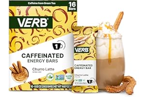 Verb Caffeinated Energy Bars Churro Latte (26g, Pack of 16) 110-Calorie Delicious Low Sugar Energy Bar - Vegan Gluten Free On-the Go Snack with 80mg Green Tea Caffeine, Only Real-Food Ingredients
