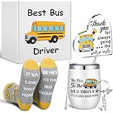 FoldTier 5 Pcs School Bus Driver Appreciation Gifts for Women Men 12oz Tumbler with Lid and Socks Stainless Steel Keychain Heart Acrylic Sign Box for Bus Driver Valentine Gifts